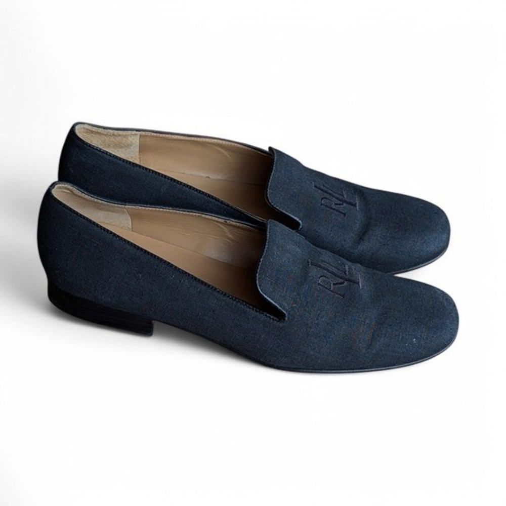 Ralph Lauren Linen Blend Black Embroidered Loafer Flats 9 - Picture 3 of 10